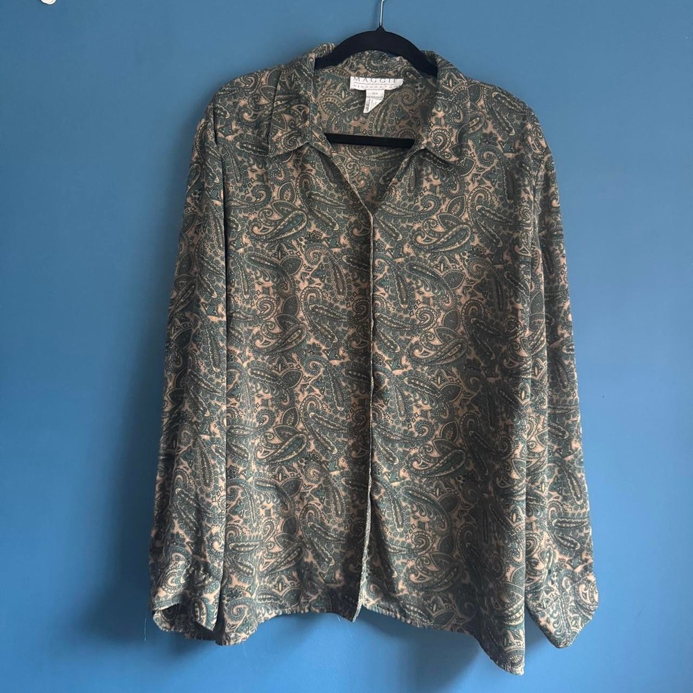 Vintage 90s Button Down Women's Plus Size 20W Tan Teal Paisley Maggie McNaughton